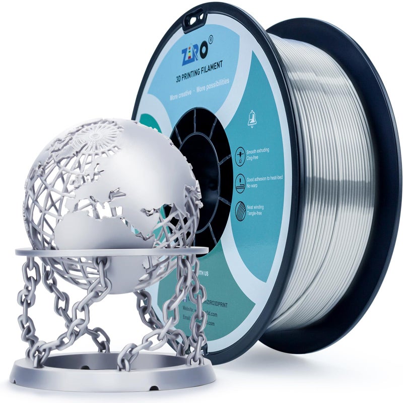 ZIRO PLA 3D Printer Filament, Metallic Glossy Pure Color 1.75mm PLA Filament, Shiny Shine Printing Material, 1.75mm 1KG/2.2lbs Spool, Silky Silver - Image 1